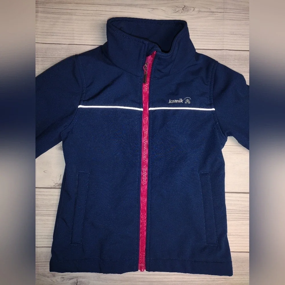 Kamik Kids Navy Blue Full Zip Softshell Jacket‎ Reflective Stripe Pink Trim Sz 5